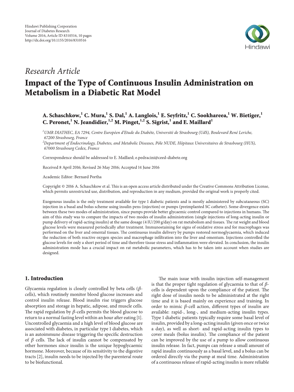 Research Article Impact of the Type of Continuous Insulin Administration on Metabolism in a Diabetic Rat Model