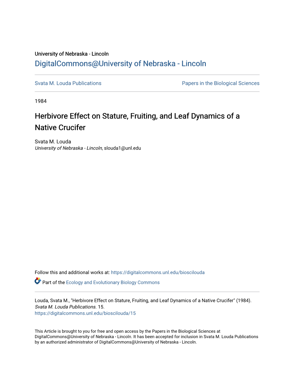 Herbivore Effect on Stature, Fruiting, and Leaf Dynamics of a Native Crucifer