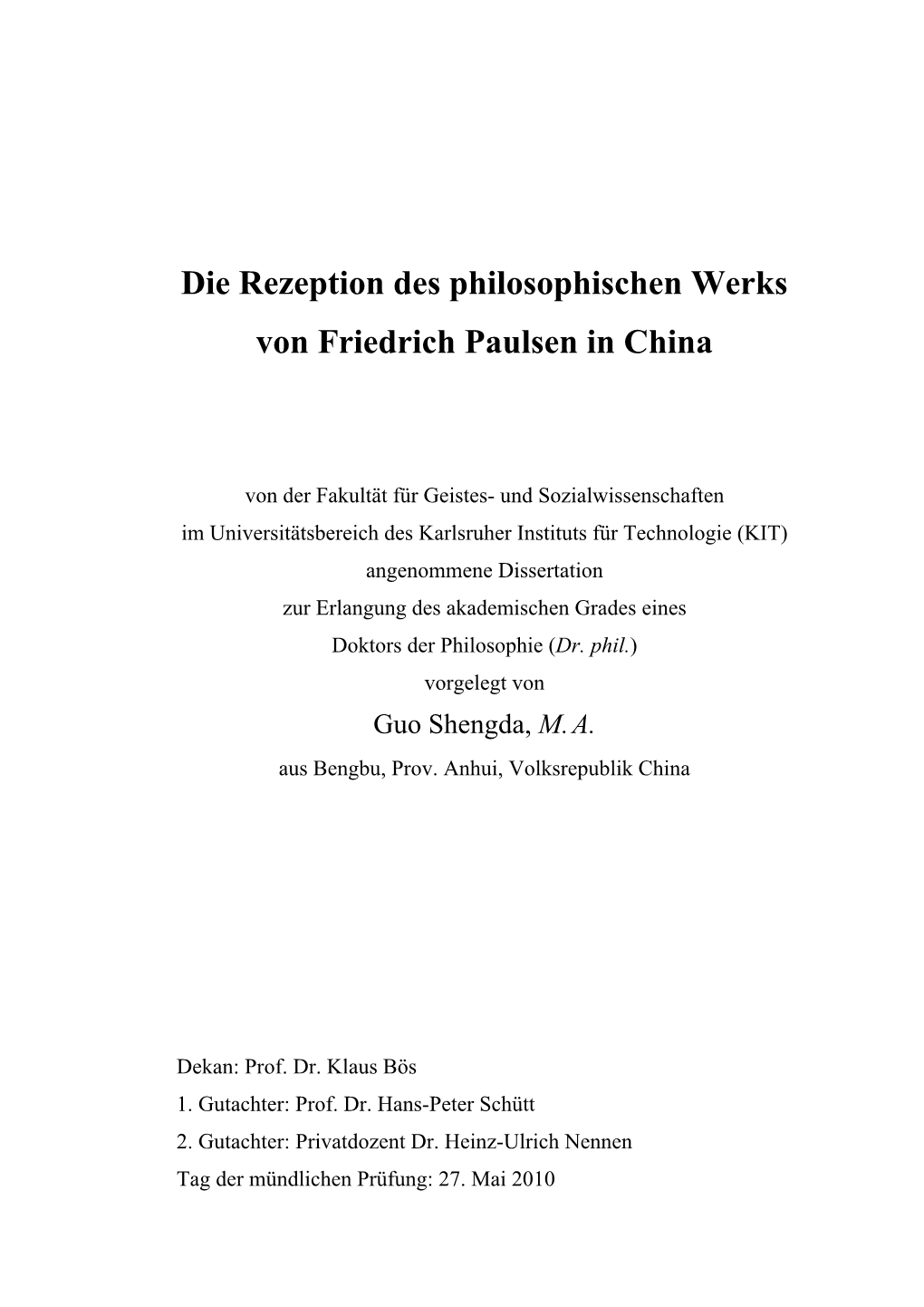 Die Rezeption Des Philosophischen Werks Von Friedrich Paulsen in China