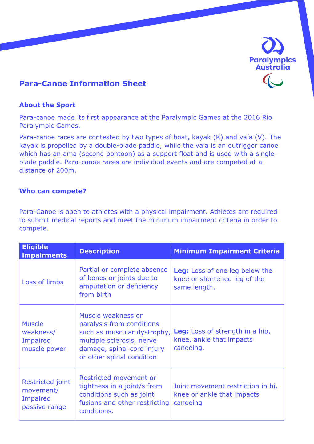 Para-Canoe Information Sheet