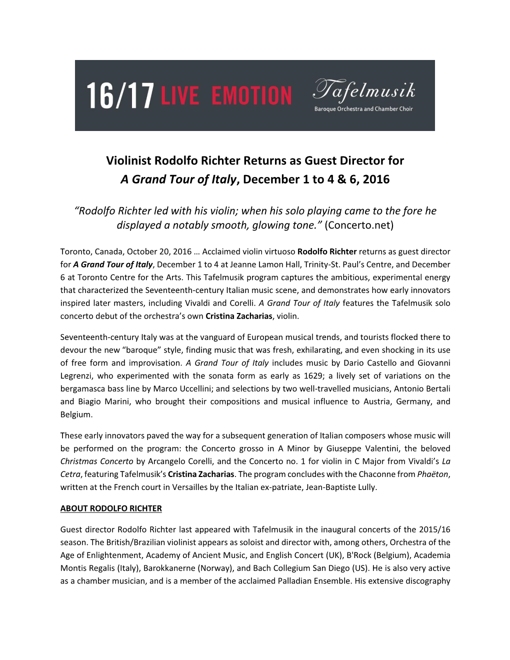 Violinist Rodolfo Richter Returns As Guest Director for a Grand Tour of Italy, December 1 to 4 & 6, 2016