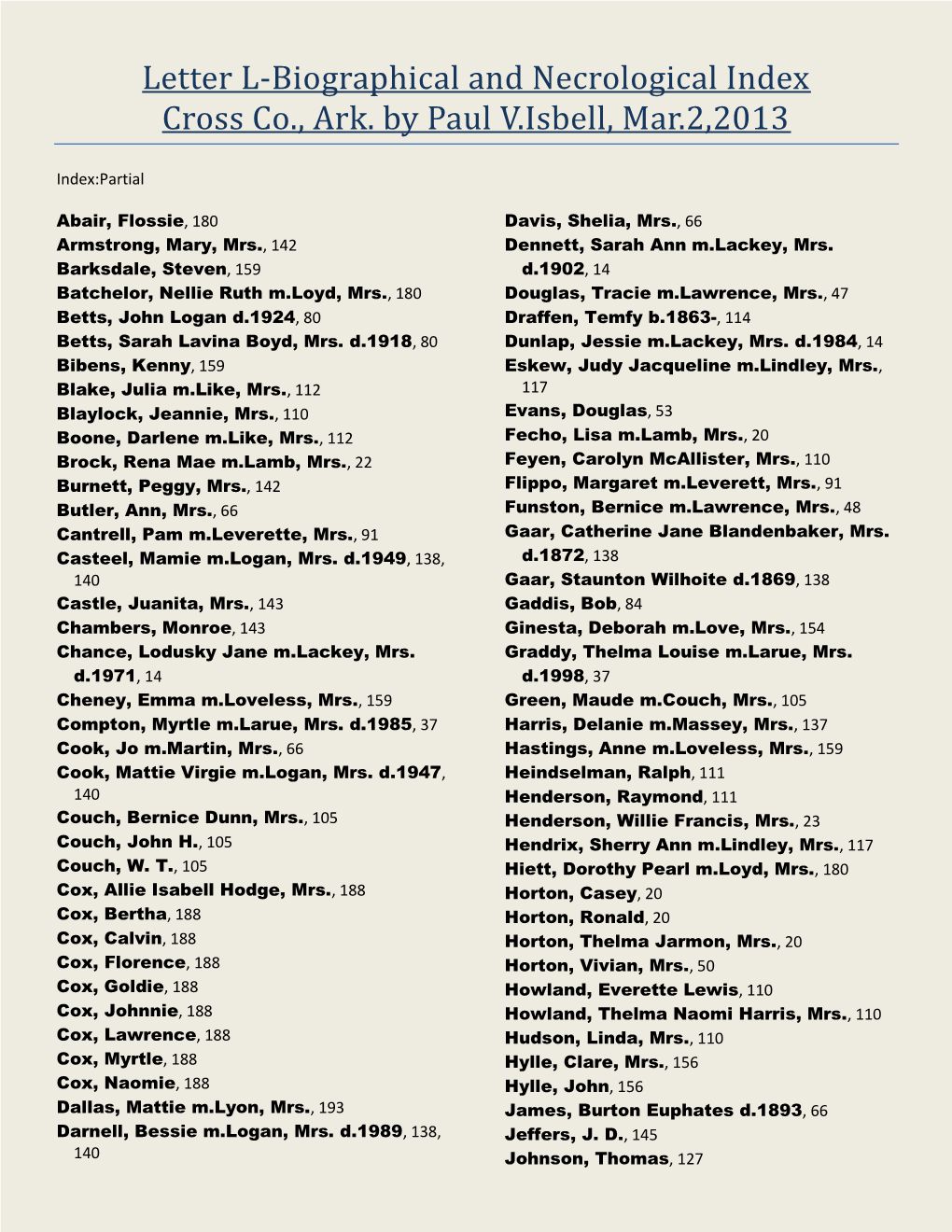 Letter L-Biographical and Necrological Index Cross Co., Ark