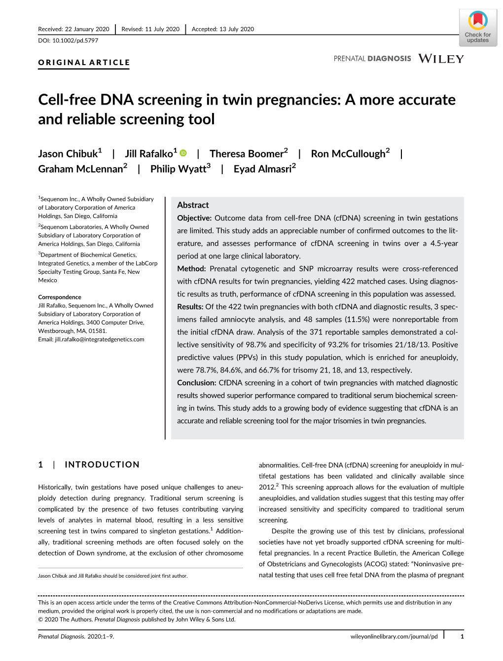 Cell‐Free DNA Screening in Twin Pregnancies
