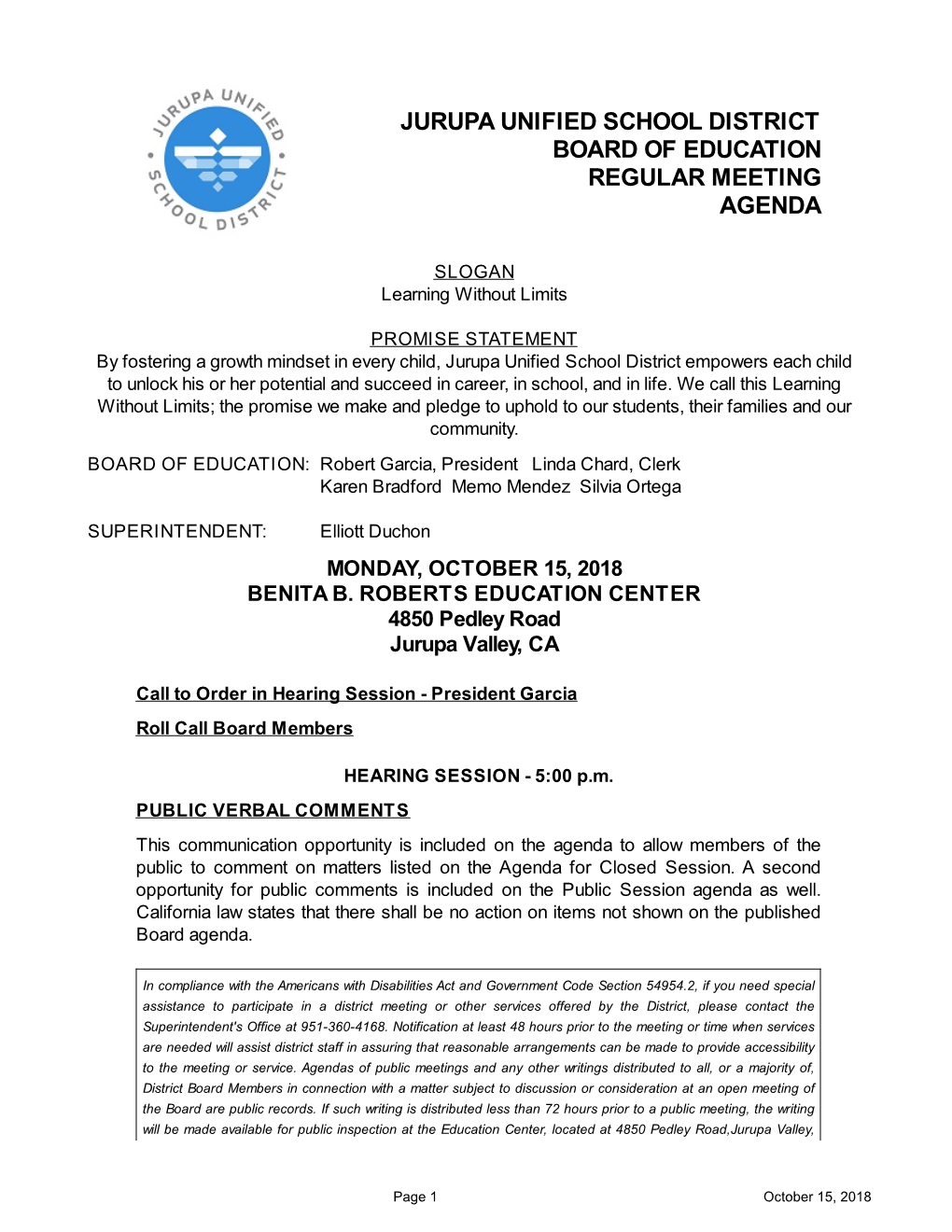 Jurupa Unified School District Board of Education Regular Meeting Agenda