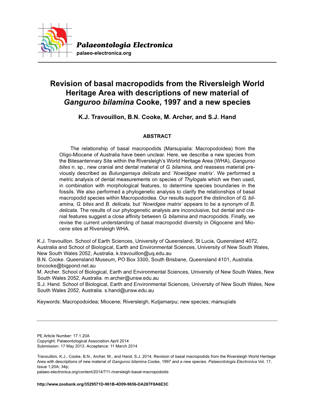 Revision of Basal Macropodids from the Riversleigh World Heritage Area with Descriptions of New Material of Ganguroo Bilamina Cooke, 1997 and a New Species