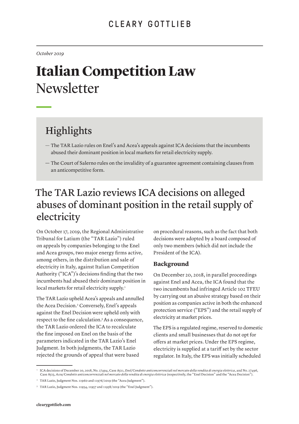 Italian Competition Law Newsletter, October 2019