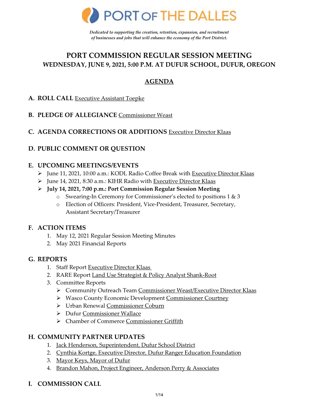 Port Commission Regular Session Meeting Wednesday, June 9, 2021, 5:00 P.M