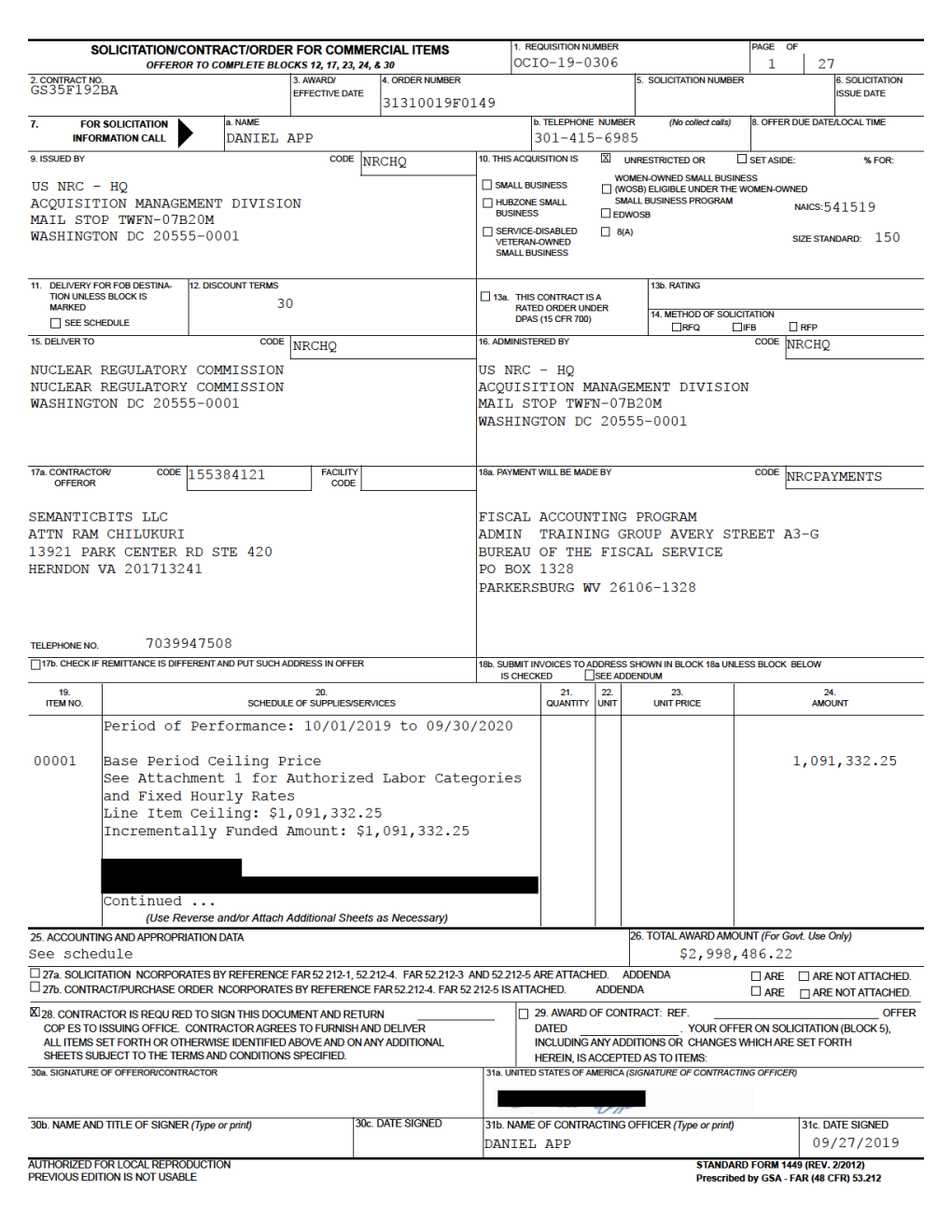 Order No. 31310019F0149 Under Contract No. GS35F192BA