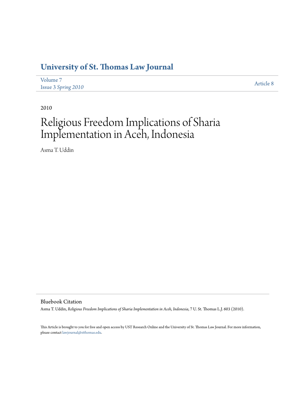 Religious Freedom Implications of Sharia Implementation in Aceh, Indonesia Asma T