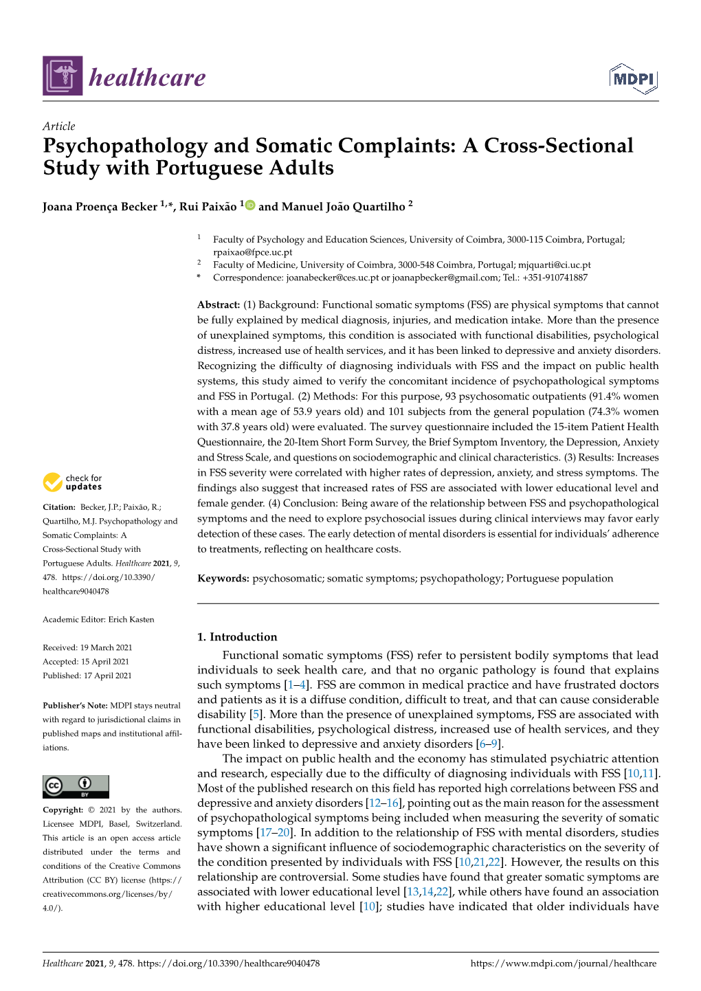 Psychopathology and Somatic Complaints: a Cross-Sectional Study with Portuguese Adults