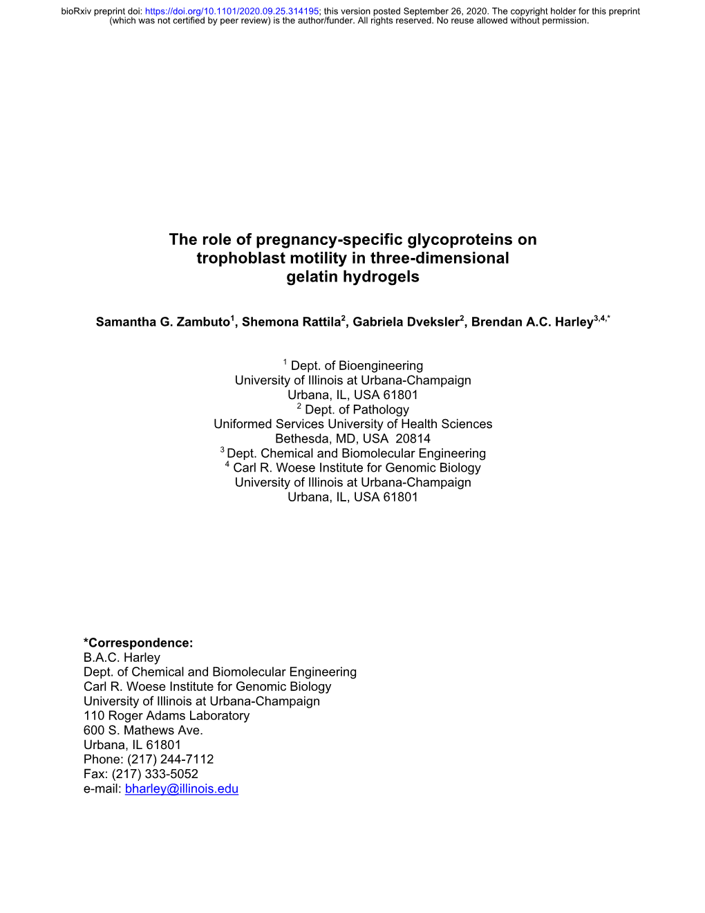 The Role of Pregnancy-Specific Glycoproteins on Trophoblast Motility in Three-Dimensional Gelatin Hydrogels