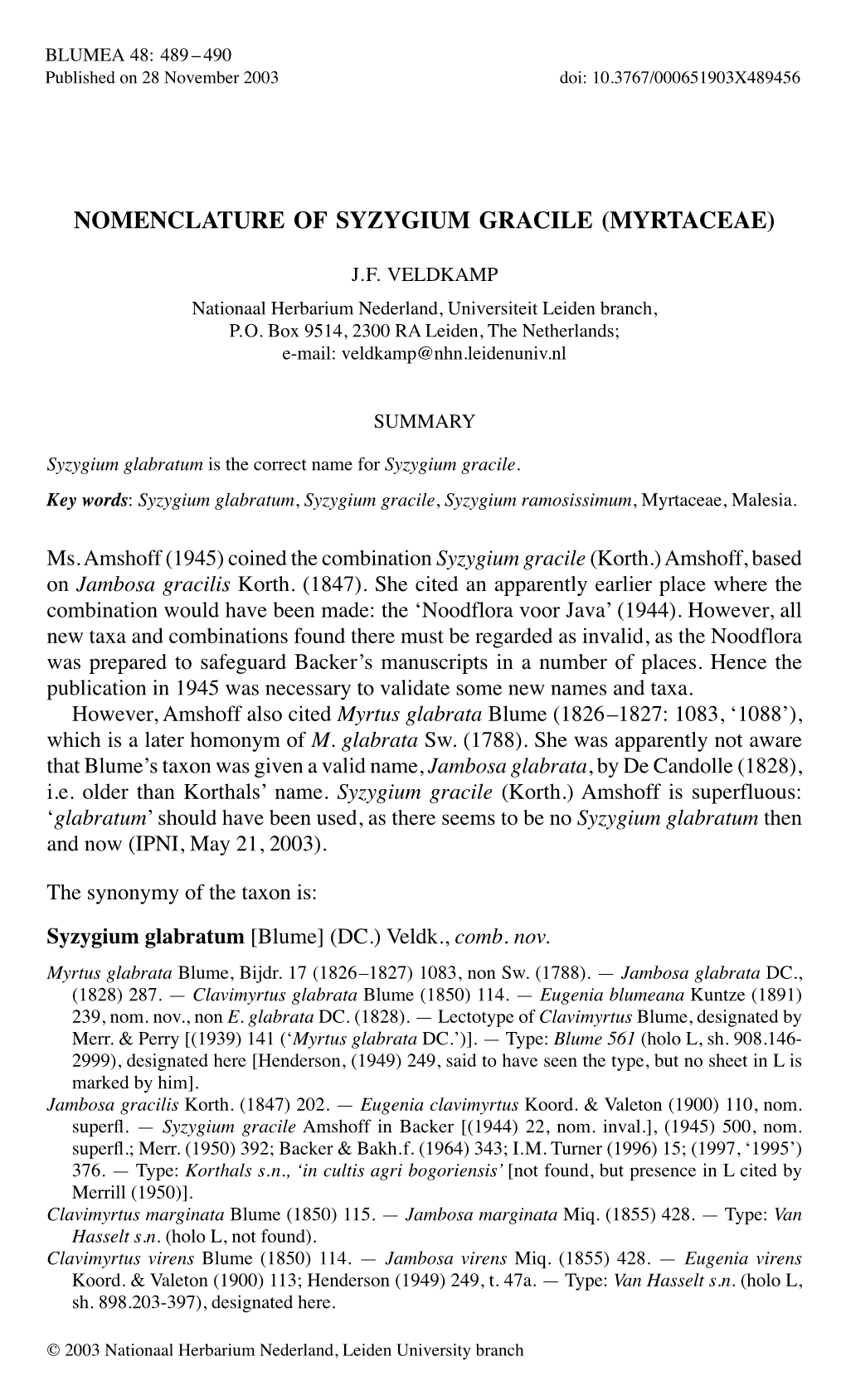 Nomenclature of Syzygium Gracile (Myrtaceae)