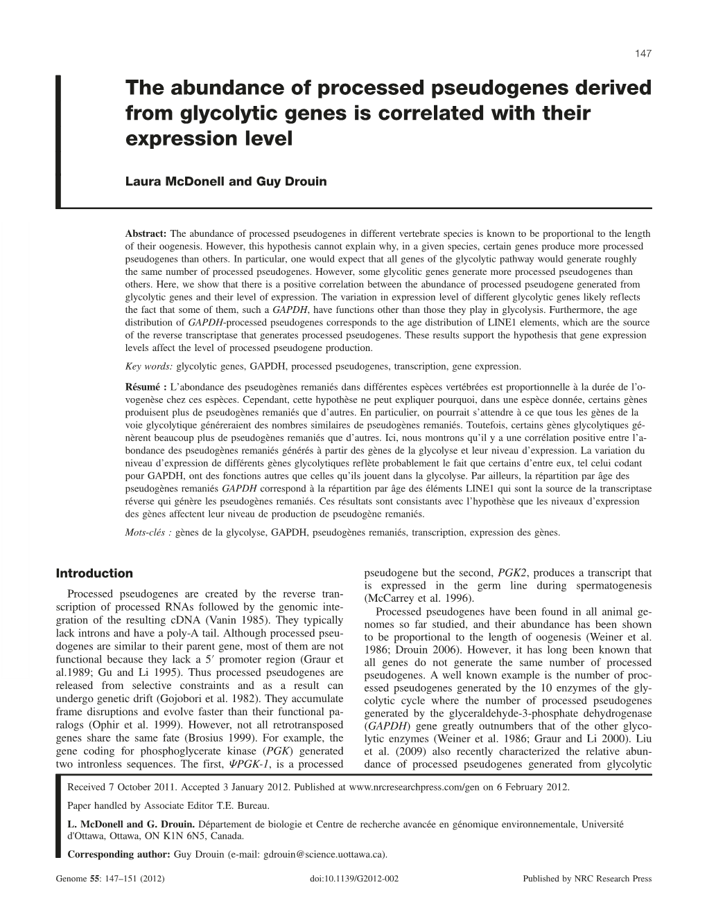 The Abundance of Processed Pseudogenes Derived from Glycolytic Genes Is Correlated with Their Expression Level