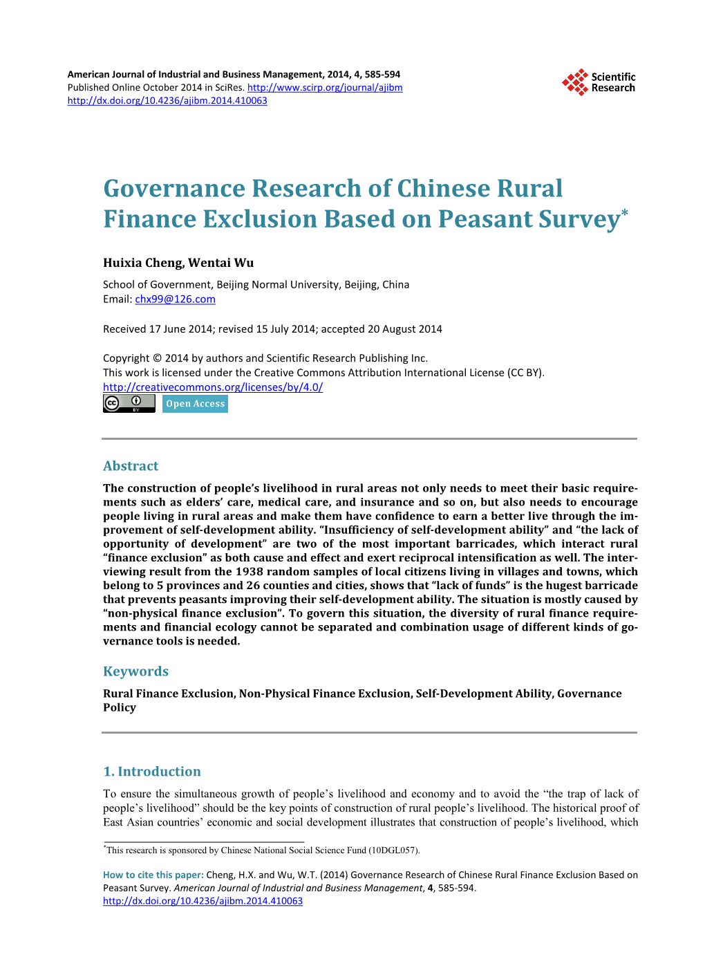 Governance Research of Chinese Rural Finance Exclusion Based on Peasant Survey*