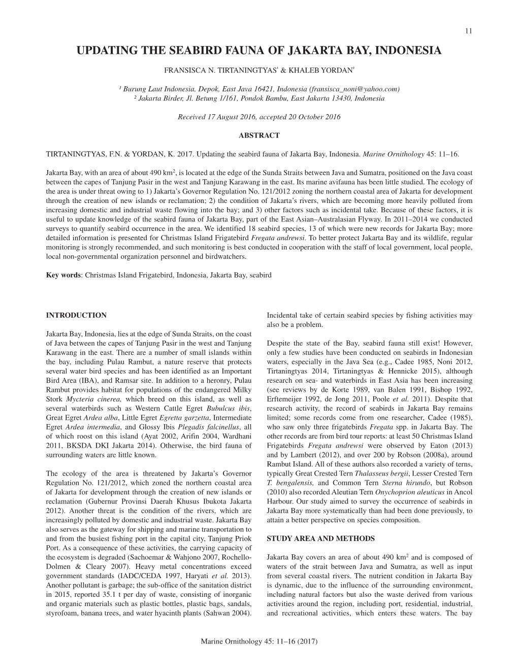 Updating the Seabird Fauna of Jakarta Bay, Indonesia