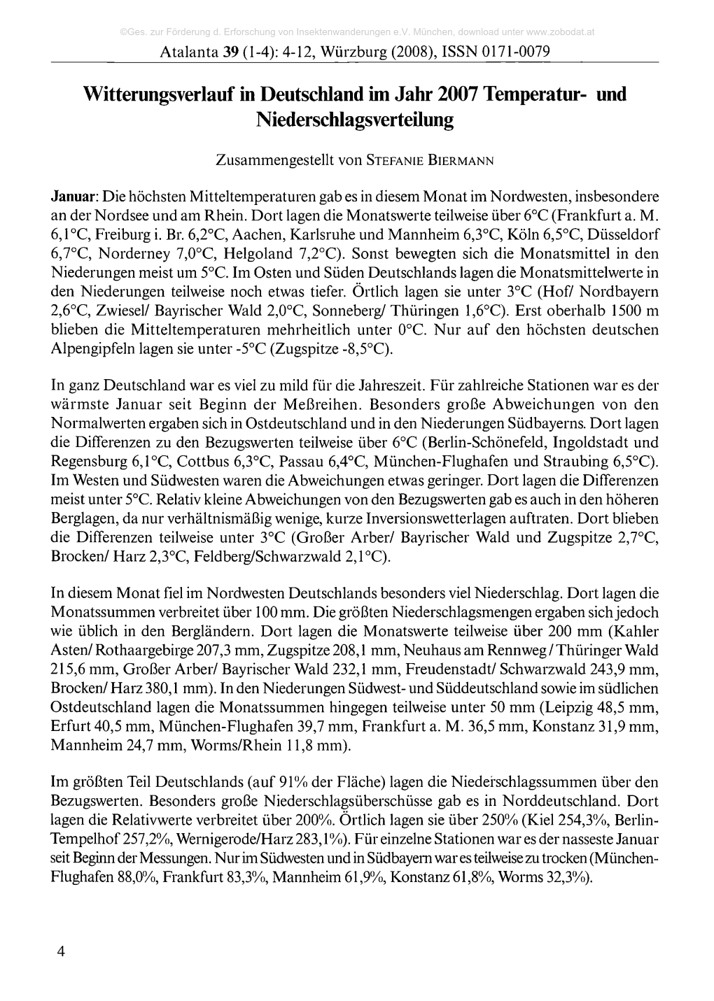 Witterungsverlauf in Deutschland Im Jahr 2007 Temperatur- Und Niederschlagsverteilung