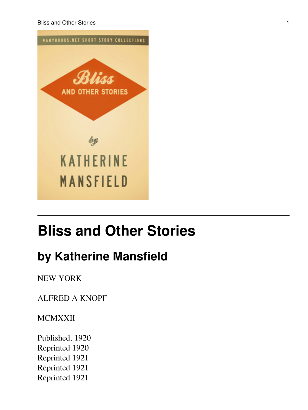 Bliss and Other Stories by Katherine Mansfield