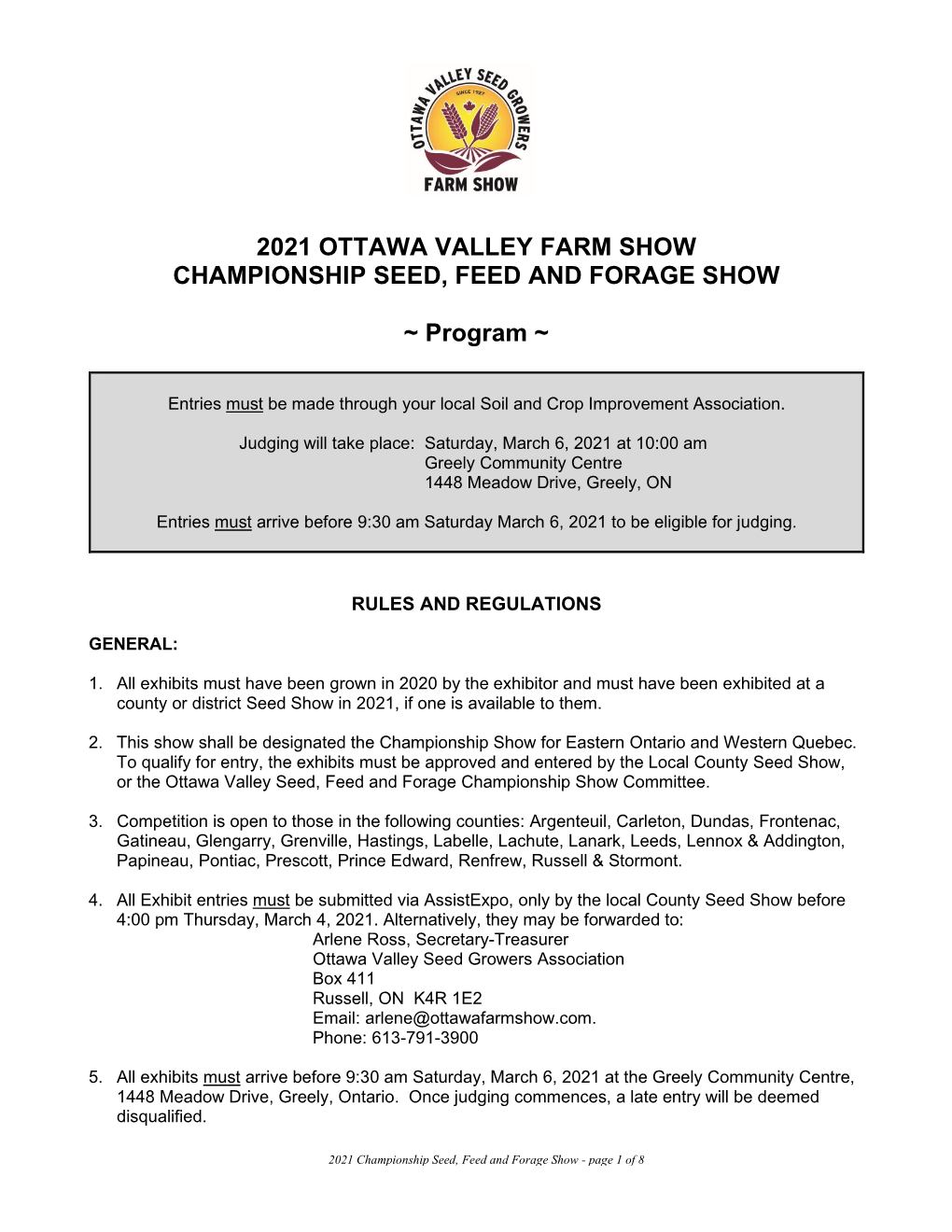 2021 OTTAWA VALLEY FARM SHOW CHAMPIONSHIP SEED, FEED and FORAGE SHOW ~ Program ~