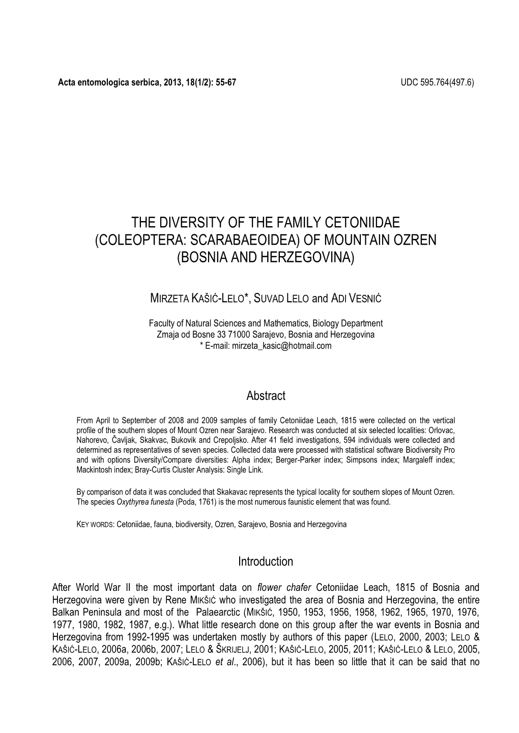 The Diversity of the Family Cetoniidae (Coleoptera: Scarabaeoidea) of Mountain Ozren (Bosnia and Herzegovina)