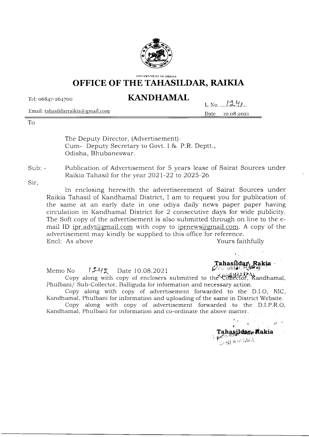 OFFICE of the TAHASILDAR, RAIKIA KANDHAMAL Memo No L)4\