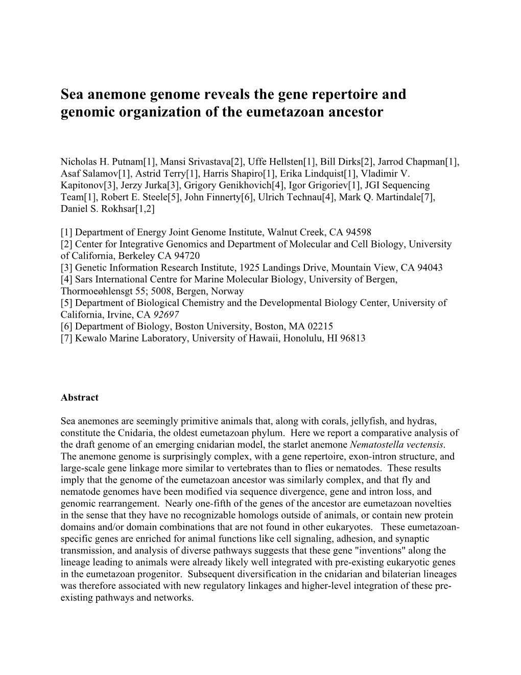 Nematostella Genome