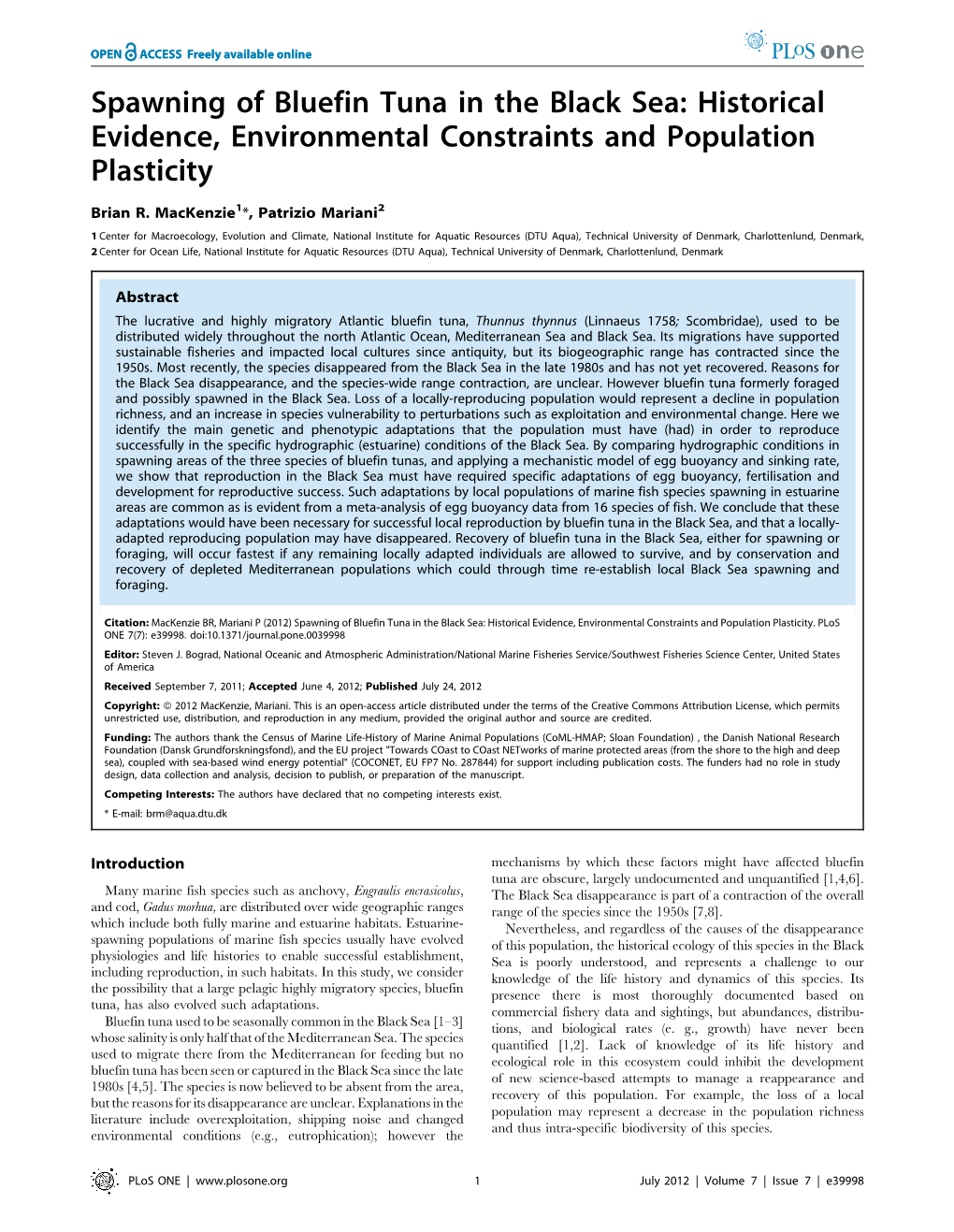 Spawning of Bluefin Tuna in the Black Sea: Historical Evidence, Environmental Constraints and Population Plasticity