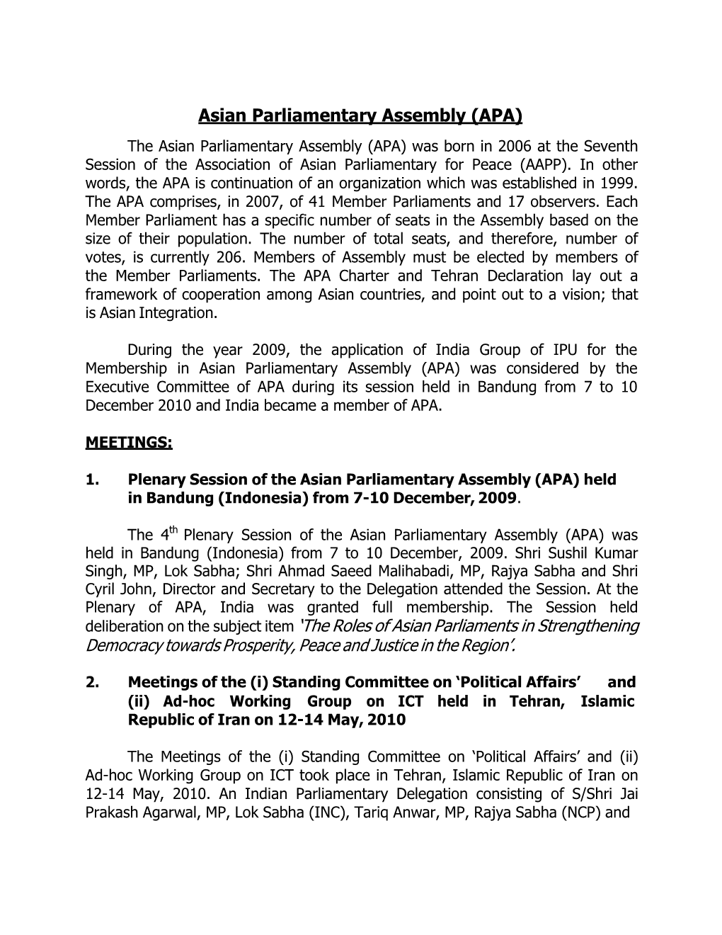 Asian Parliamentary Assembly (APA)