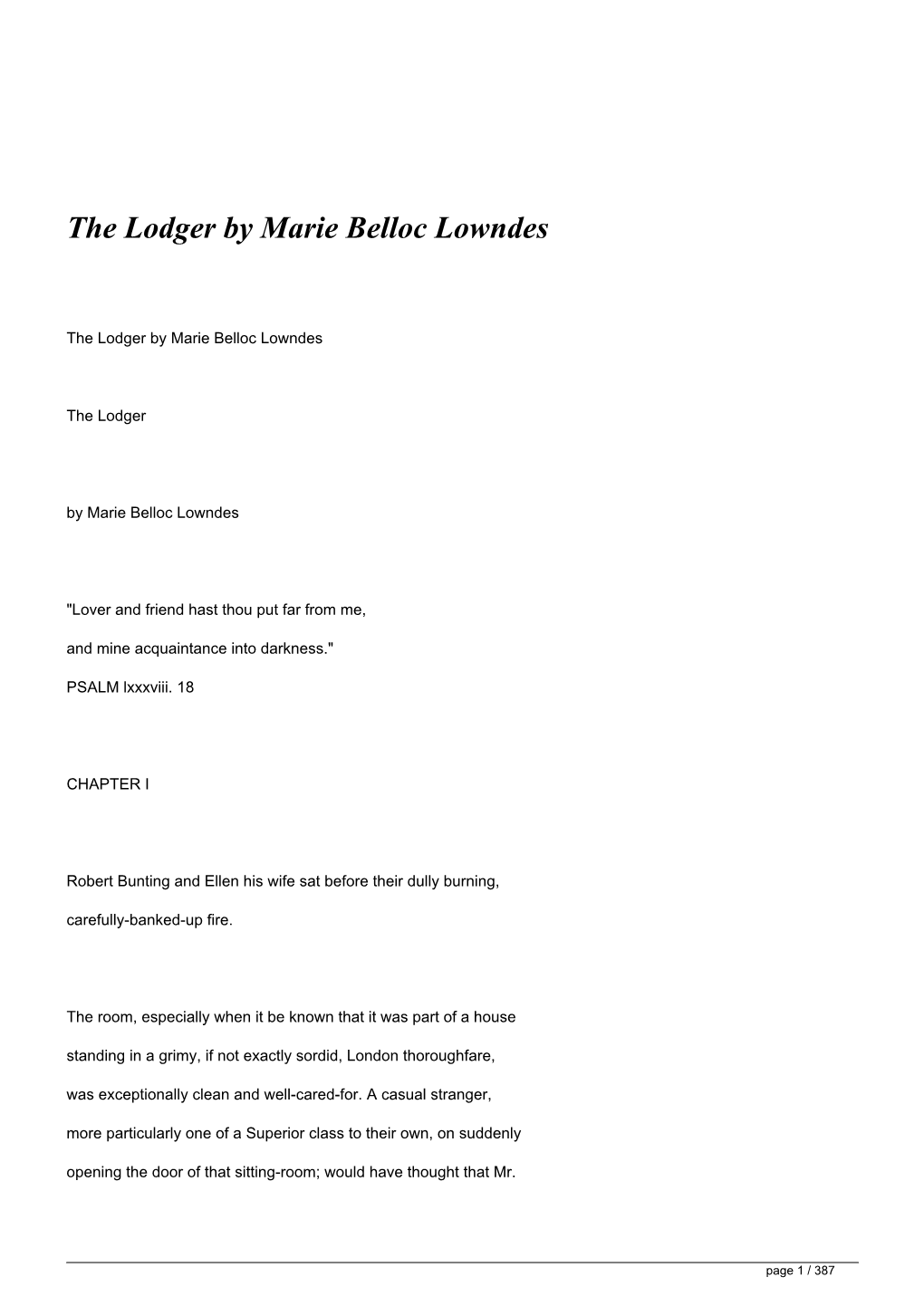 <H1>The Lodger by Marie Belloc Lowndes</H1>