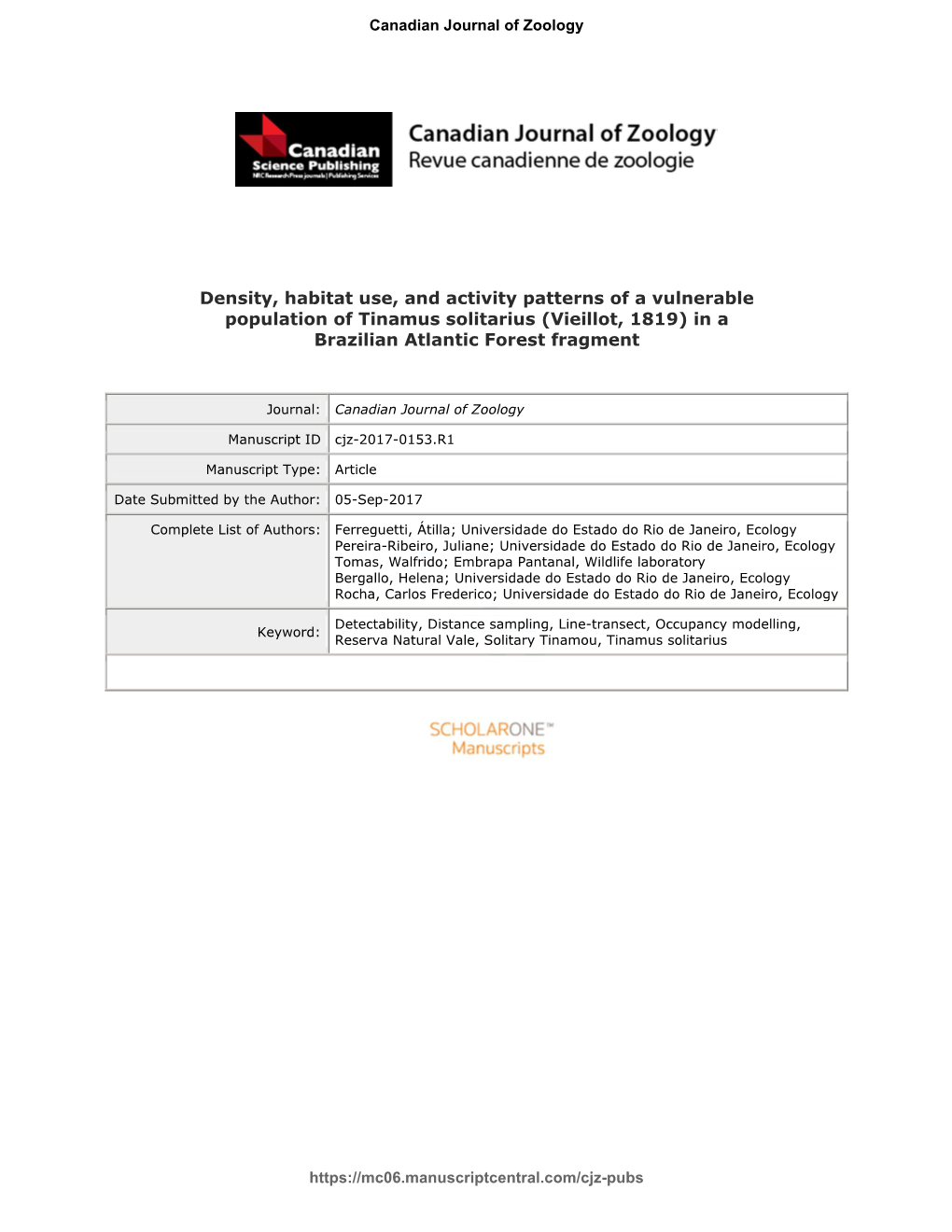 Density, Habitat Use, and Activity Patterns of a Vulnerable Population of Tinamus Solitarius (Vieillot, 1819) in a Brazilian Atlantic Forest Fragment