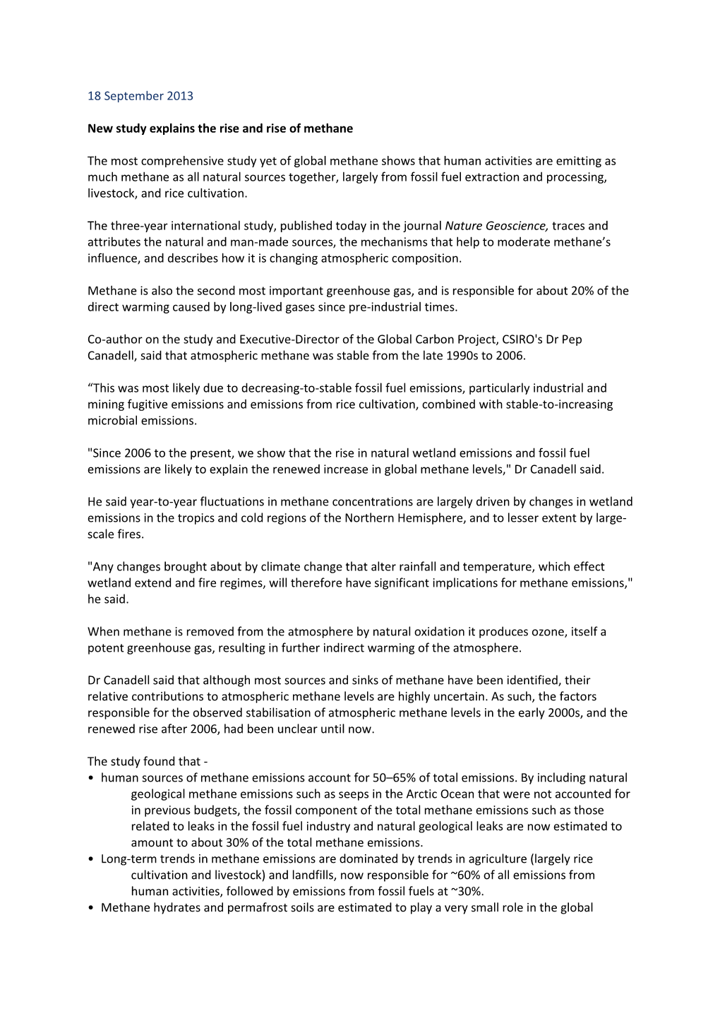 18 September 2013 New Study Explains the Rise and Rise of Methane