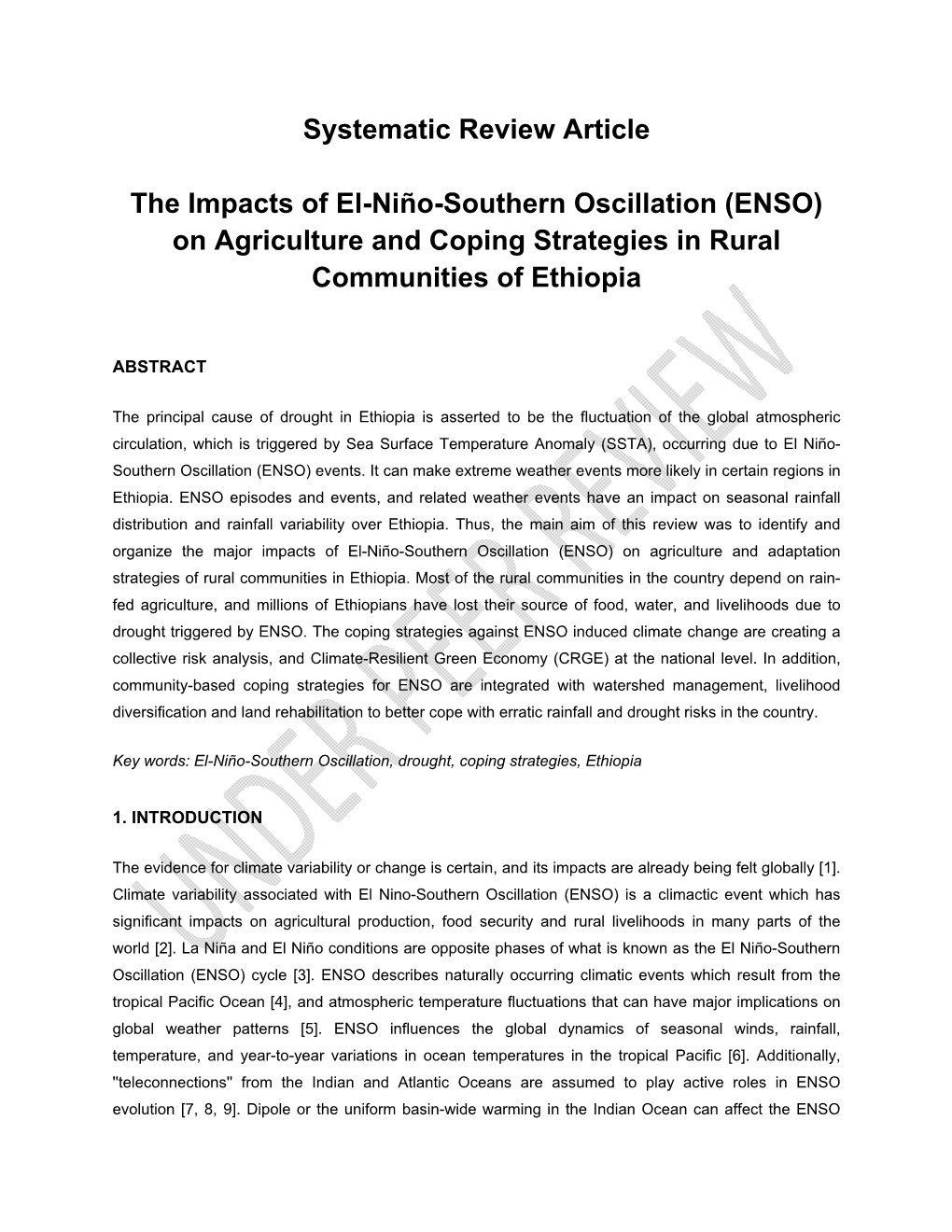 Systematic Review Article the Impacts of El-Niño-Southern Oscillation