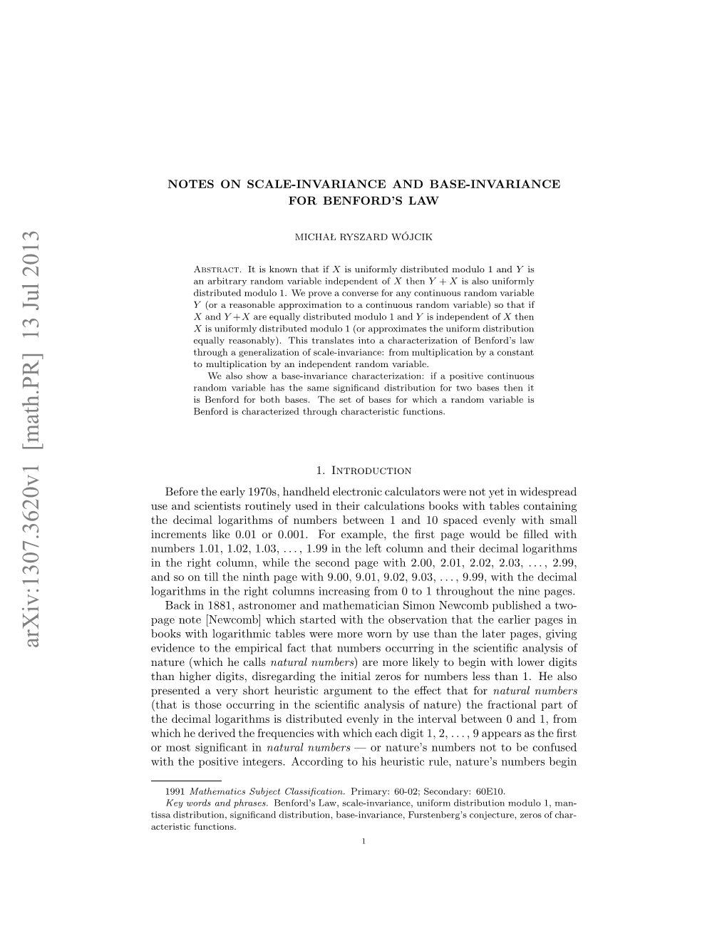 Notes on Scale-Invariance and Base-Invariance for Benford's