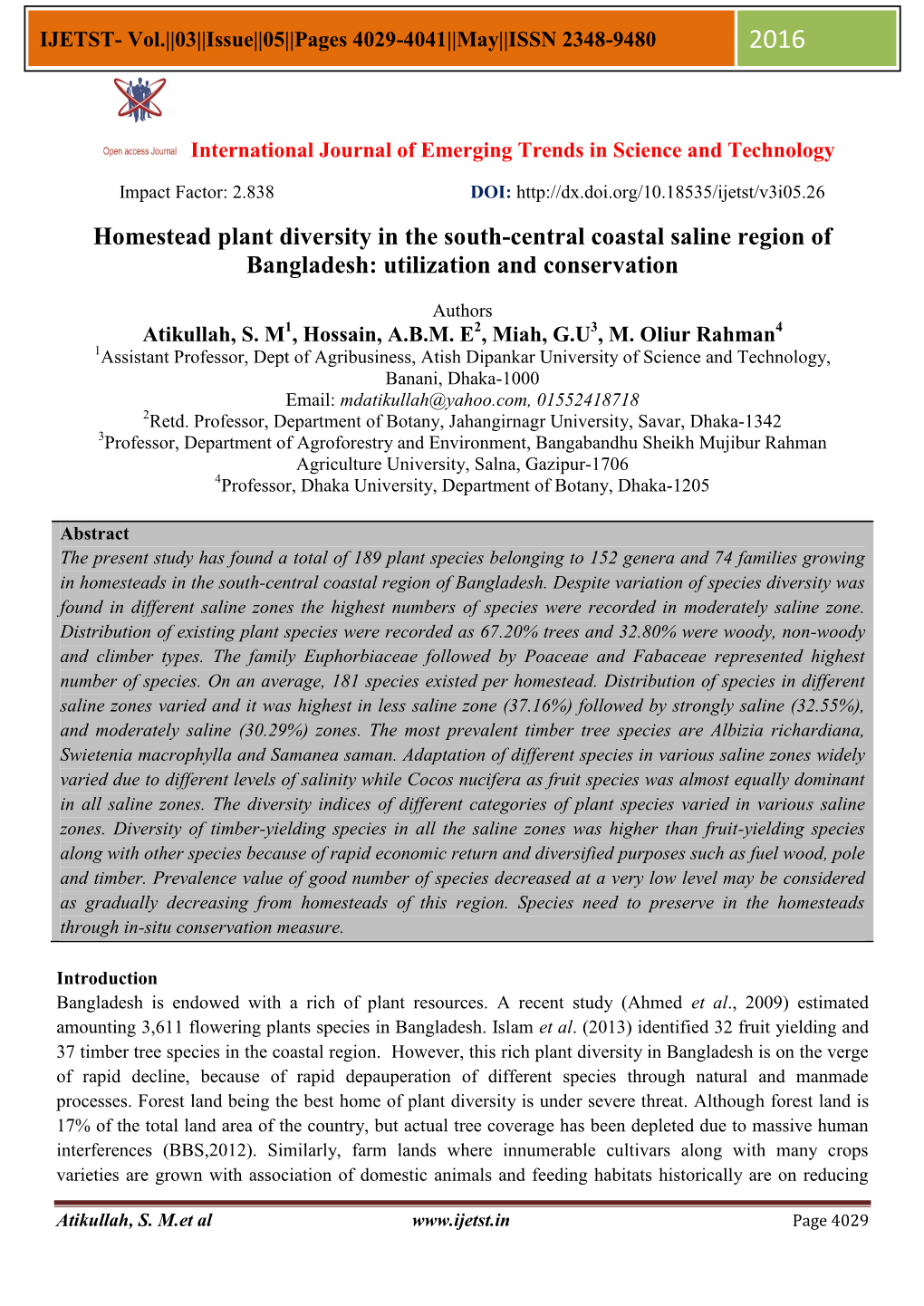 Homestead Plant Diversity in the South-Central Coastal Saline Region of Bangladesh: Utilization and Conservation