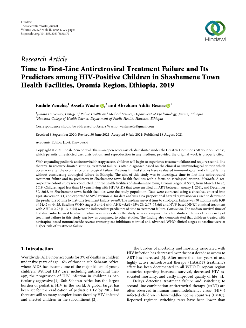 Time to First-Line Antiretroviral Treatment Failure and Its Predictors Among HIV-Positive Children in Shashemene Town Health Facilities, Oromia Region, Ethiopia, 2019