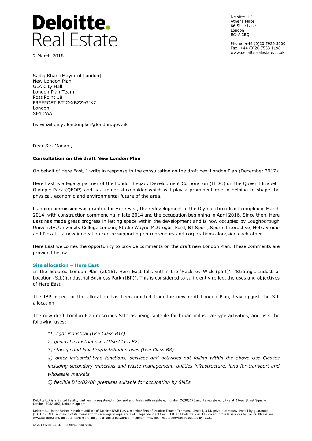 Dear Sir, Madam, Consultation on the Draft New London Plan on Behalf of Here East, I Write in Response to the Consultation on Th