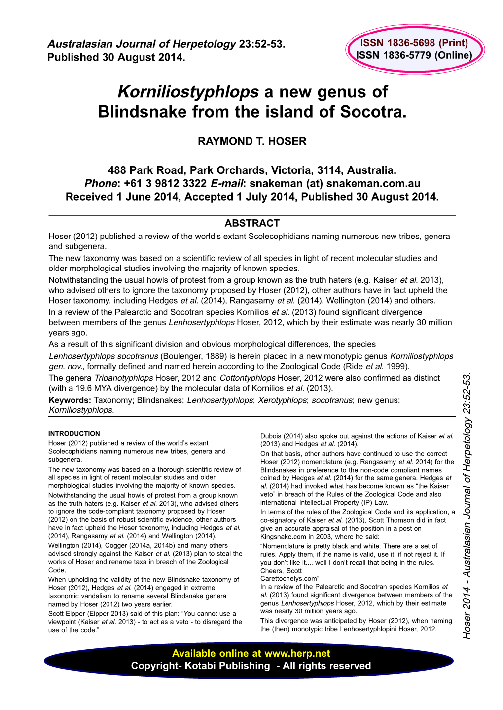 Korniliostyphlops a New Genus of Blindsnake from the Island of Socotra