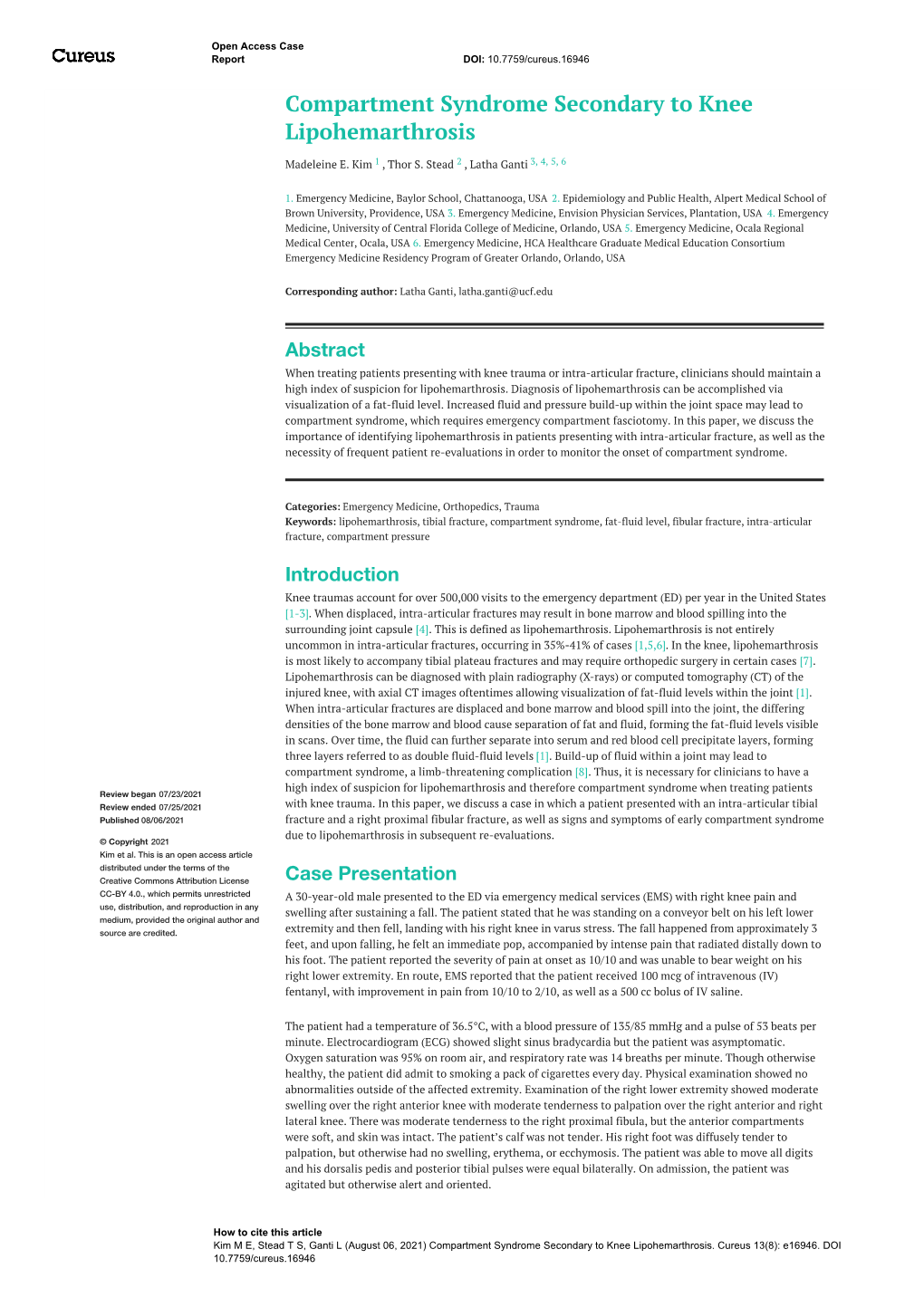 Compartment Syndrome Secondary to Knee Lipohemarthrosis