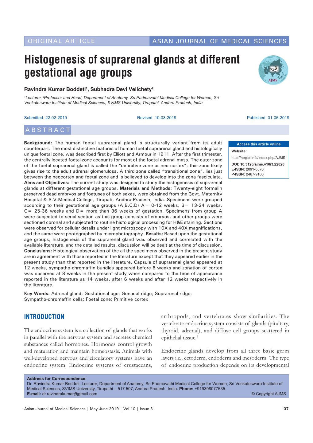 Histogenesis of Suprarenal Glands at Different Gestational Age Groups