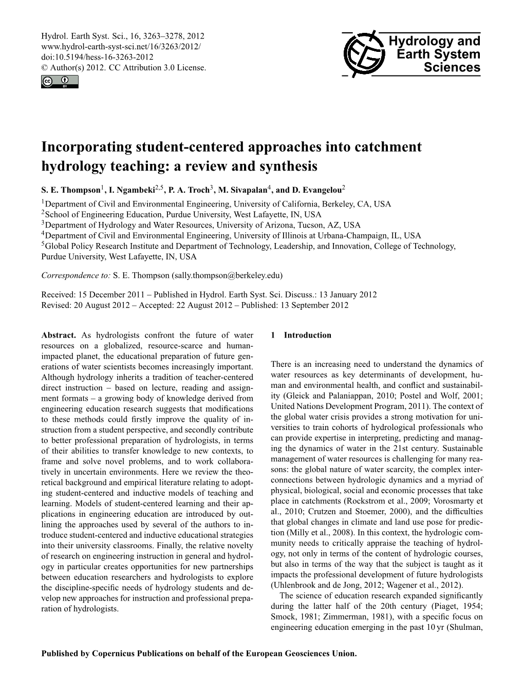 Incorporating Student-Centered Approaches Into Catchment Hydrology Teaching: a Review and Synthesis