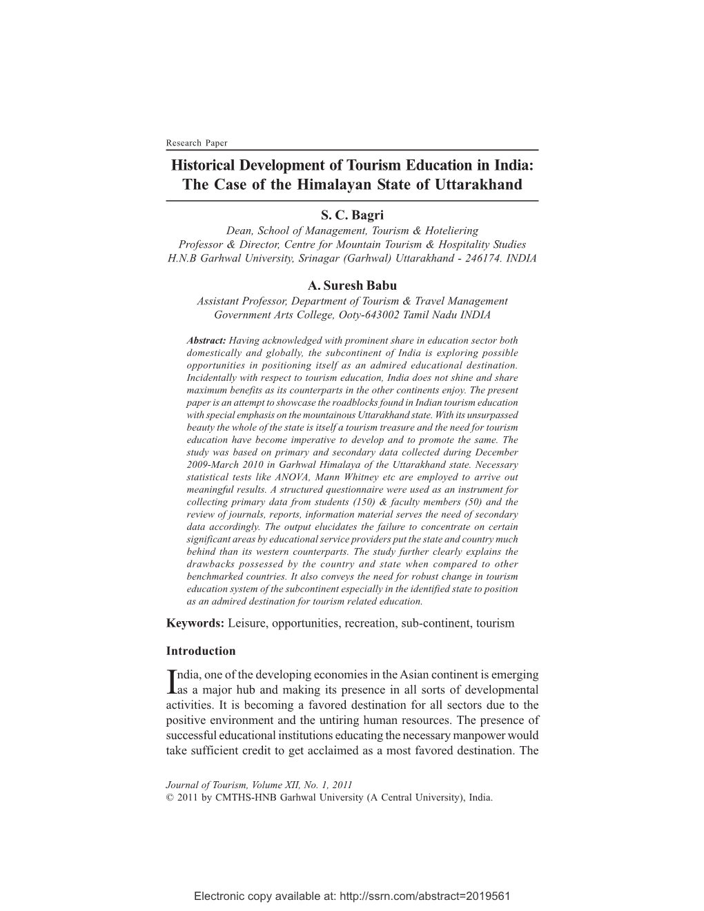 Historical Development of Tourism Education in India: the Case of the Himalayan State of Uttarakhand