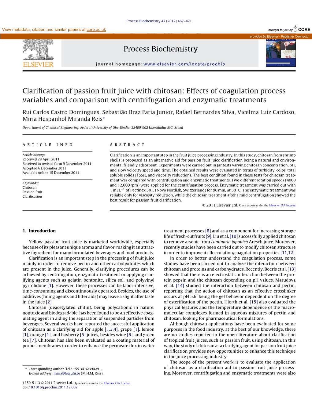 Clarification of Passion Fruit Juice with Chitosan