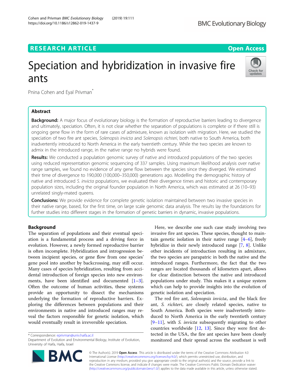 Speciation and Hybridization in Invasive Fire Ants Pnina Cohen and Eyal Privman*
