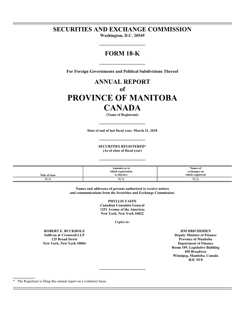 PROVINCE of MANITOBA CANADA (Name of Registrant)