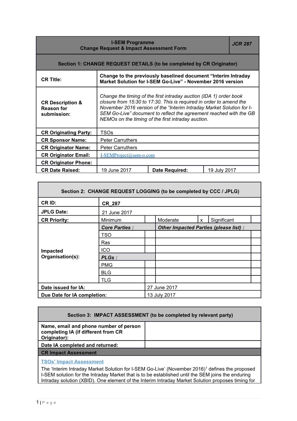 JCR 287 Change to Time of the First Intraday Auction