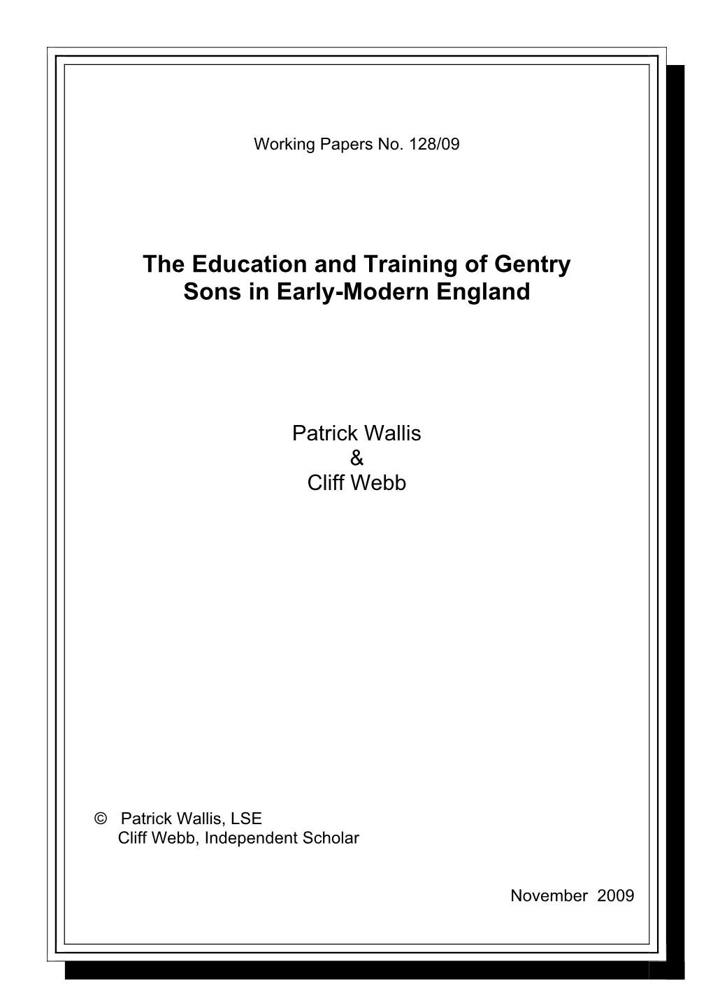 The Education and Training of Gentry Sons in Early Modern England