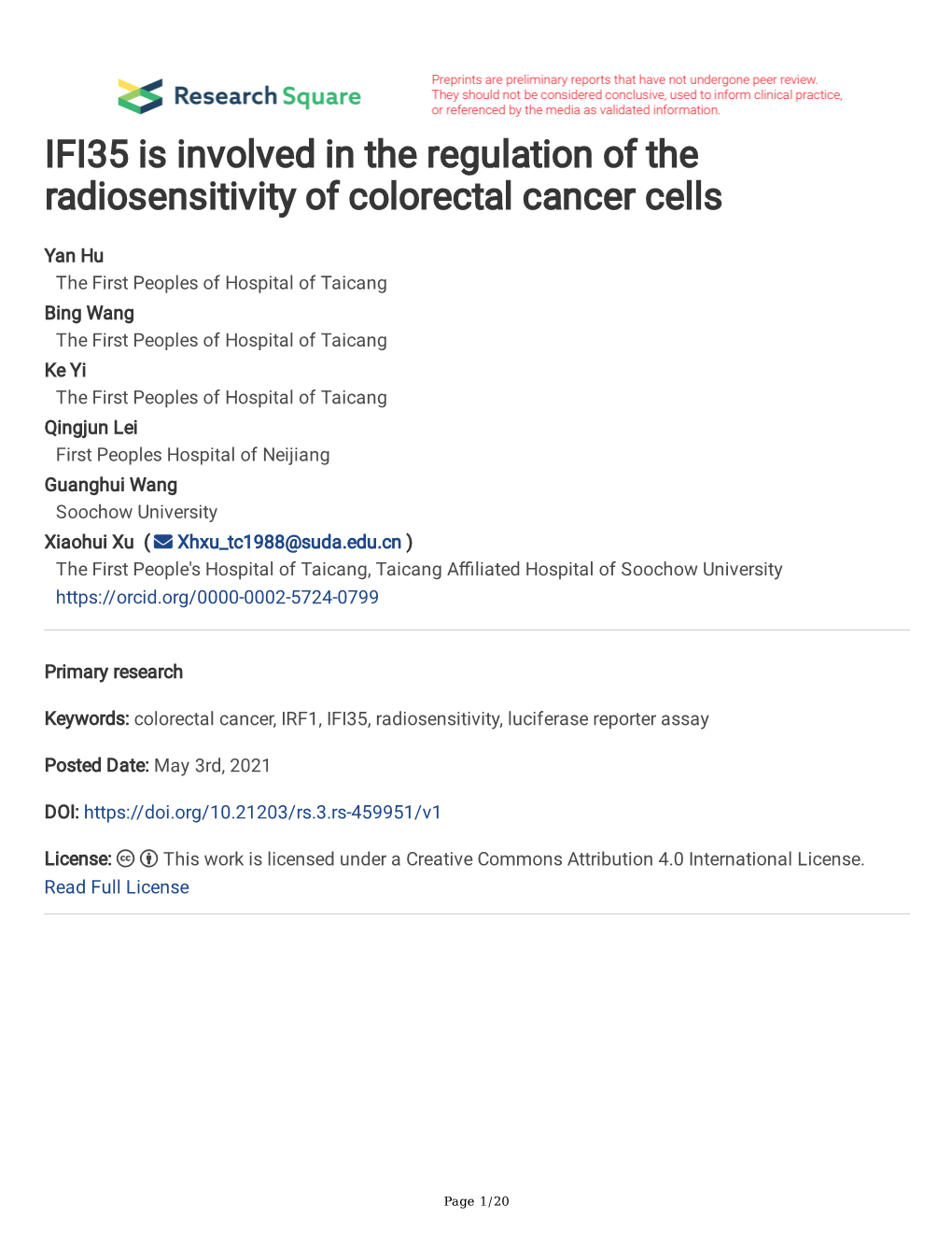 IFI35 Is Involved in the Regulation of the Radiosensitivity of Colorectal Cancer Cells