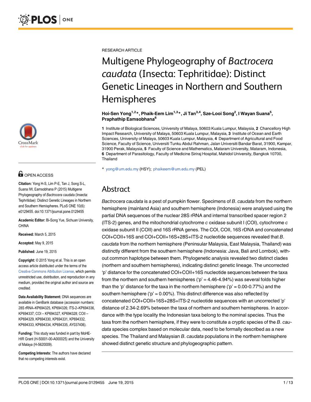 Multigene Phylogeography of Bactrocera Caudata (Insecta: Tephritidae): Distinct Genetic Lineages in Northern and Southern Hemispheres