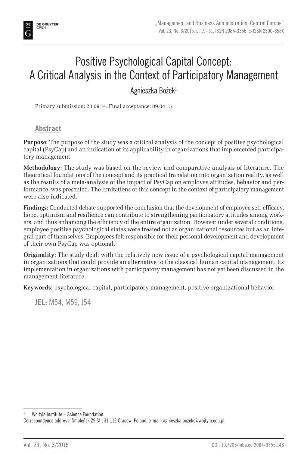 Positive Psychological Capital Concept: a Critical Analysis in the Context of Participatory Management Agnieszka Bożek1