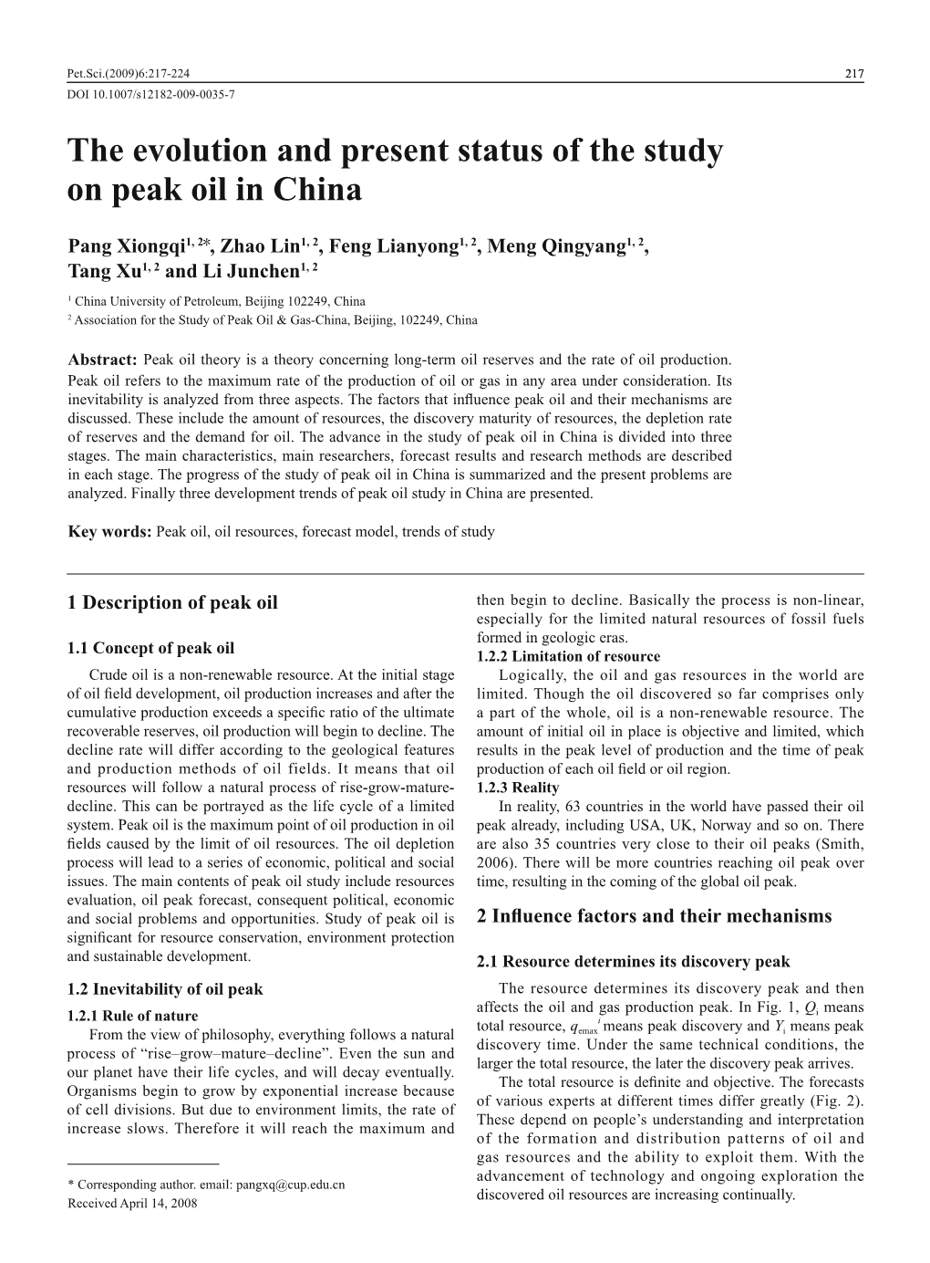 The Evolution and Present Status of the Study on Peak Oil in China