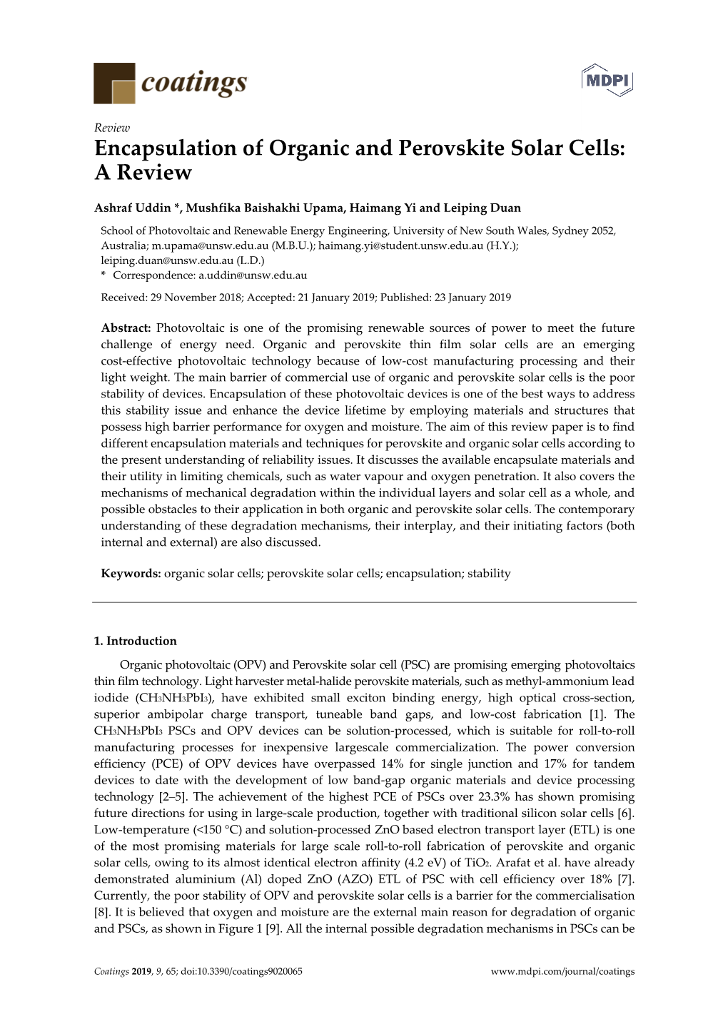 Encapsulation of Organic and Perovskite Solar Cells: a Review